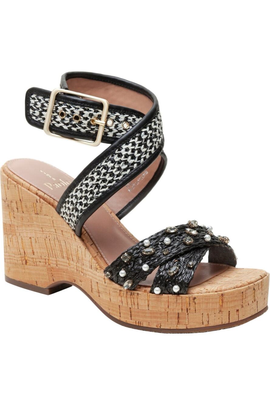 NIB Linea Paolo Varena Platform Wedge Sandal Cork Raffia Embellished Black 5